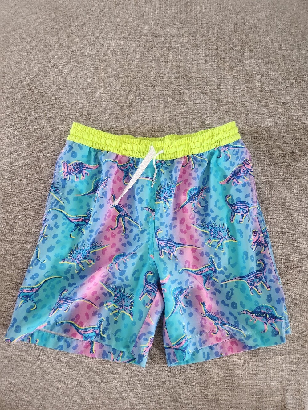 Chubbies Boys Swim Trunks M 10/12 Blue Pink Dino Print Drawstring liner neon